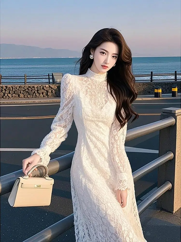 

Elegant White High Collar Lace Dress Women's Fashion Spring 2025 Commute Loose Fit Long Sleeve mid Length Single Piece