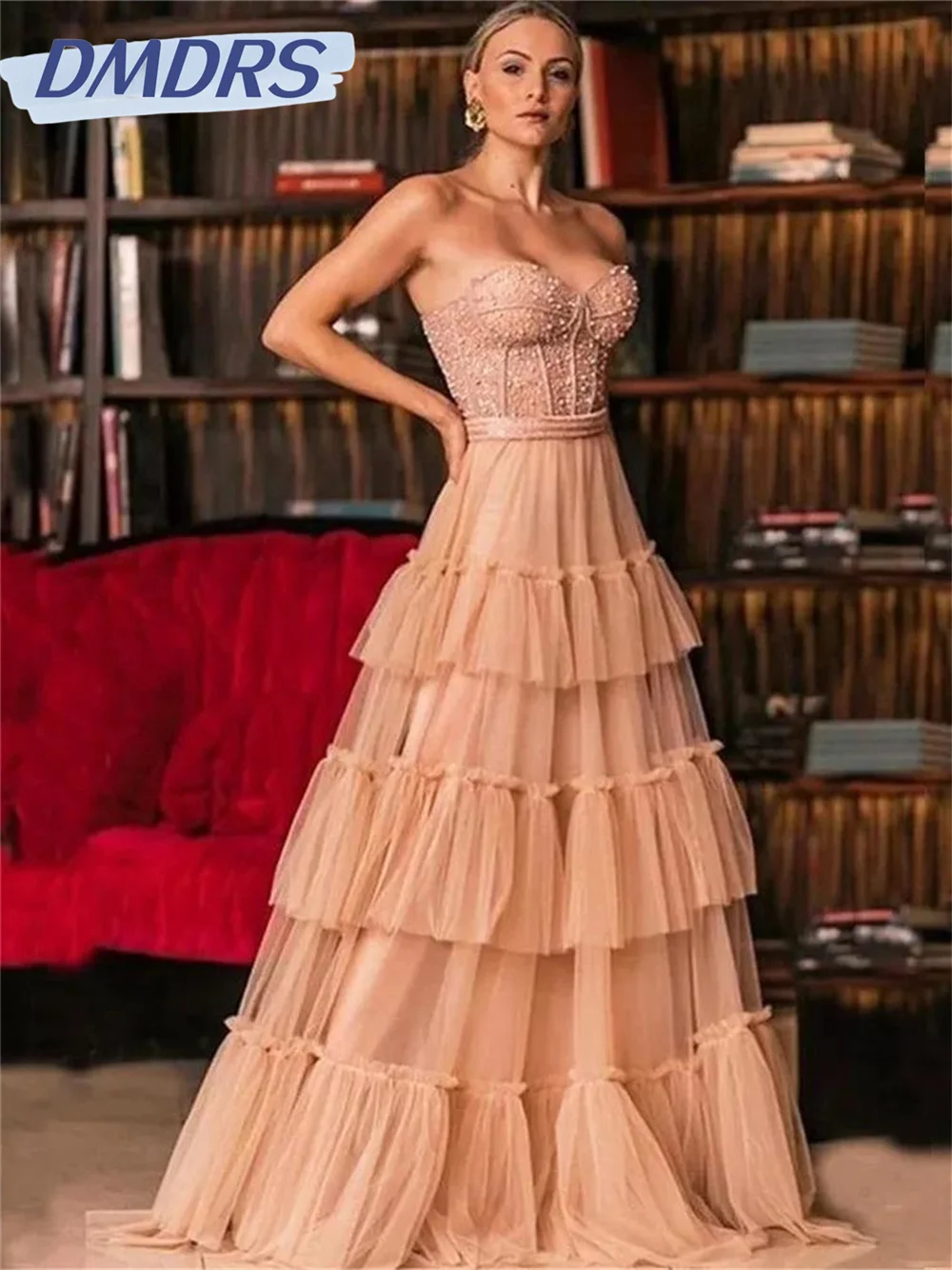 Sexy Prom Dress Strapless Long A Line Party Dress Sweetheart Bead Pearls Bodice Tulle Cake Evening Dress Vestidos De Novia