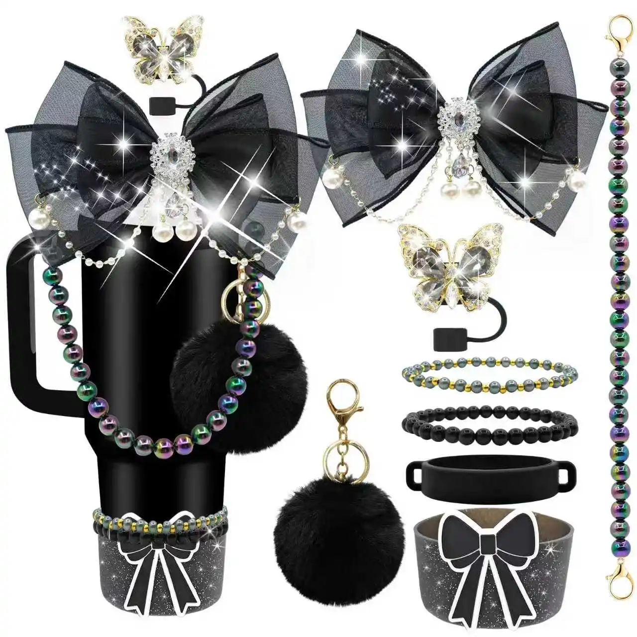Charming Pearl Butterfly Cap Cup Sleeve with Soft Plush Ball And Decorative Pearl Chain for Stylish Drink Experience Cross-Borde