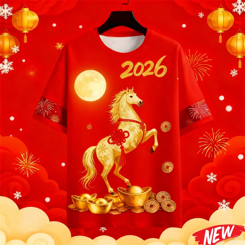 

2026 Year of the Horse T-Shirt For Men Full Sublimation Sports Fabric 3d Printed Happy New Year Short Sleeve Crew Neck Tee Shirt
