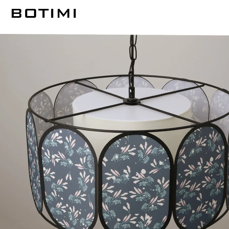 BOTIMI Cylindrical Cloth LED Pendant Light For Dining Wire Hanging Island Kitchen Fabric Art