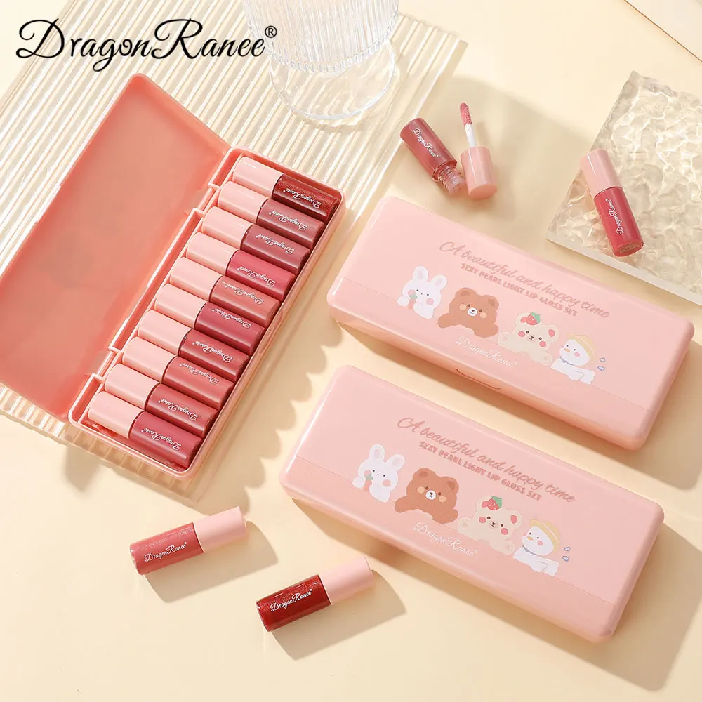 Juego de mini brillo de labios con espejo de dibujos animados bonitos de 10 colores, brillo de labios hidratante, de larga duración, desvanece las líneas de los labios, lápiz labial de retoque