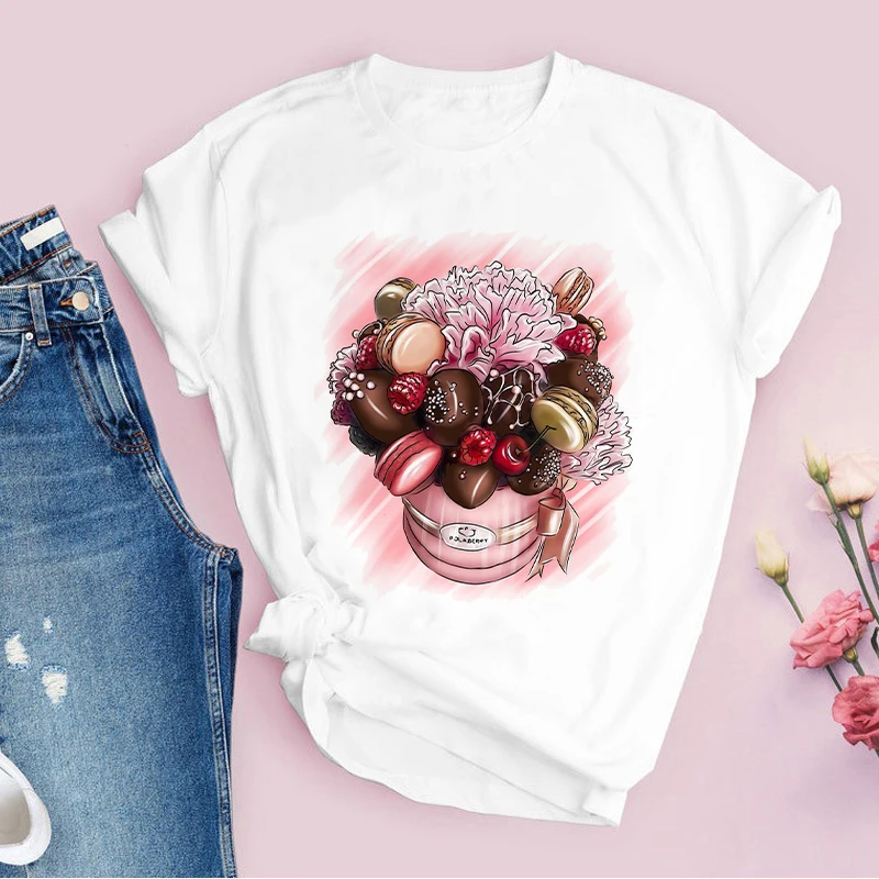 Mode Macaron Bloemen Grafische T-shirt Vrouwen T-shirt Harajuku Tee Shirt Print Femme Vrouwen Afdrukken T-shirt Vrouwelijke Losse T-shirt