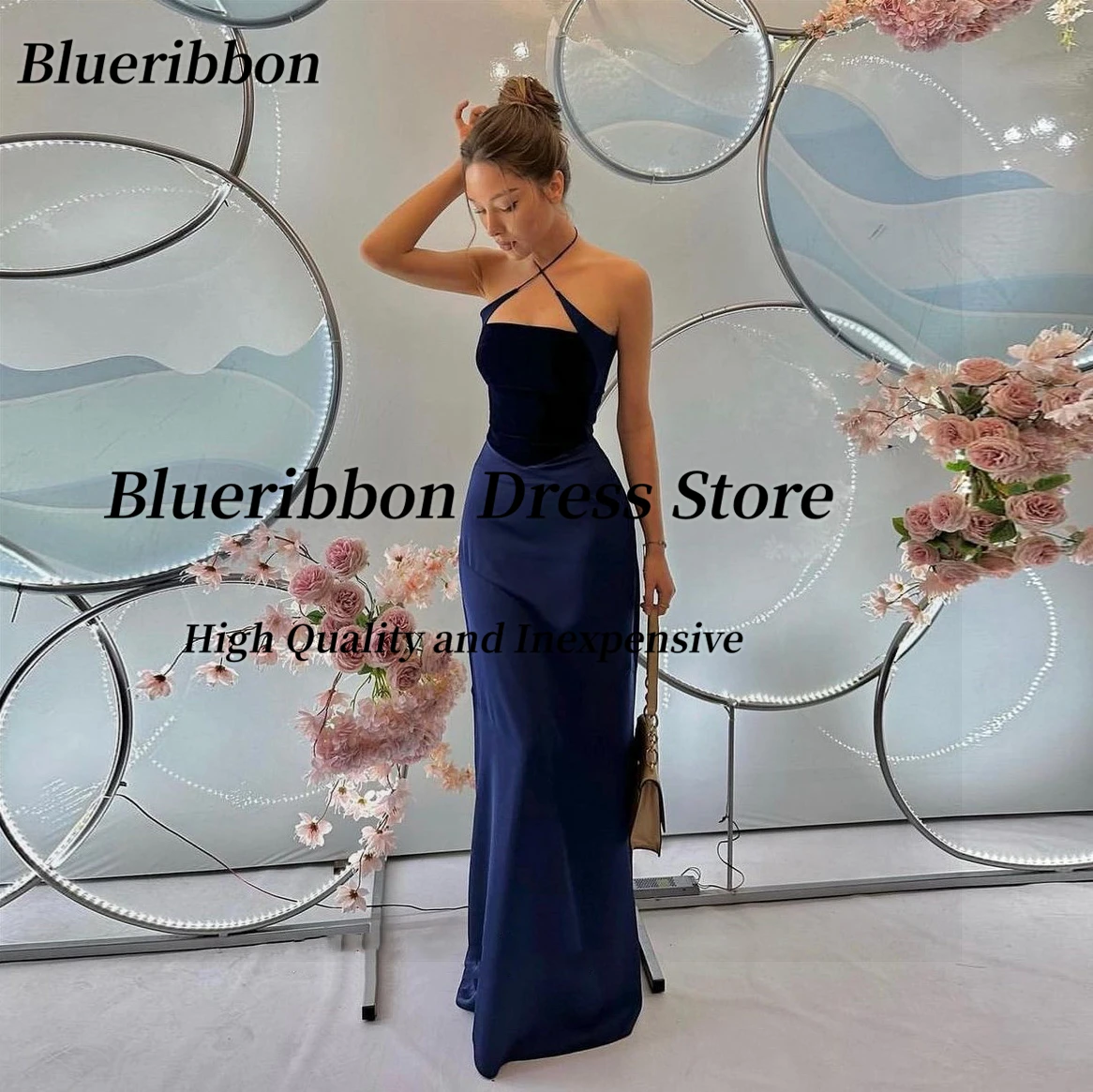 Vestido de baile longo Blueribbon, Halter Neck, vestido de dama sem mangas, vestidos de noite, robe sexy para coquetel, zíper traseiro