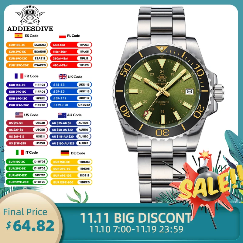 ADDIESDIVE ダイバーウォッチ 高品質 メンズ 自動巻き腕時計 サファイアグリーン BGW9 超高輝度 防水 20気圧 機械式腕時計