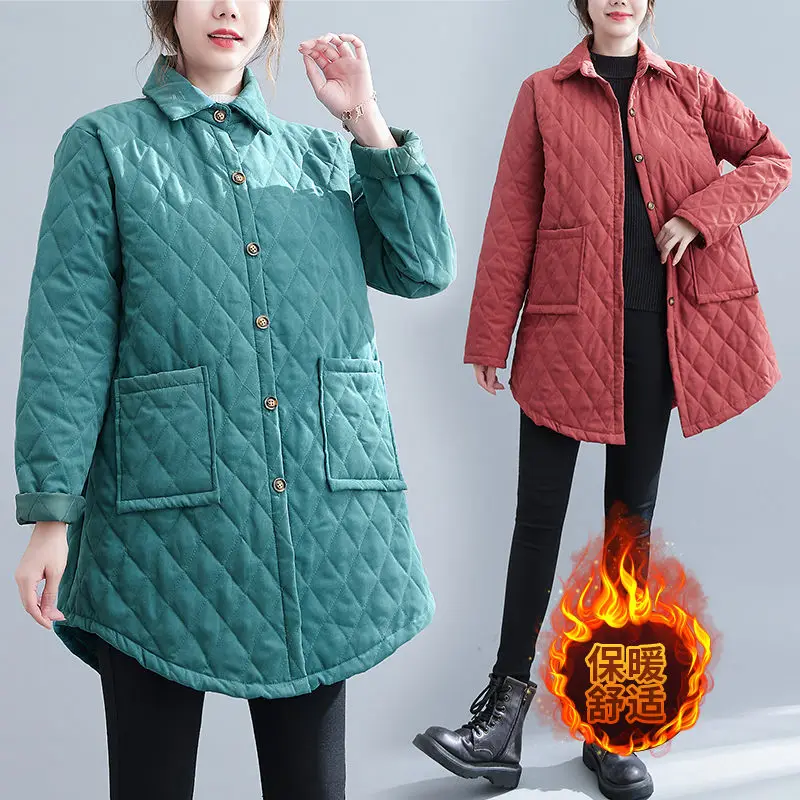 

Argyle Jacket Quilted Cotton Coat Women's Autumn Winter Casual New Literary Retro Solid Color Mid-Length Padded Clothing T454