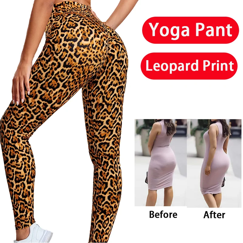 Damskie legginsy z wysokim stanem w panterkę, seksowne modelujące pośladki, bezszwowe, obcisłe spodnie fitness, push-up, marszczone, odzież sportowa damska.