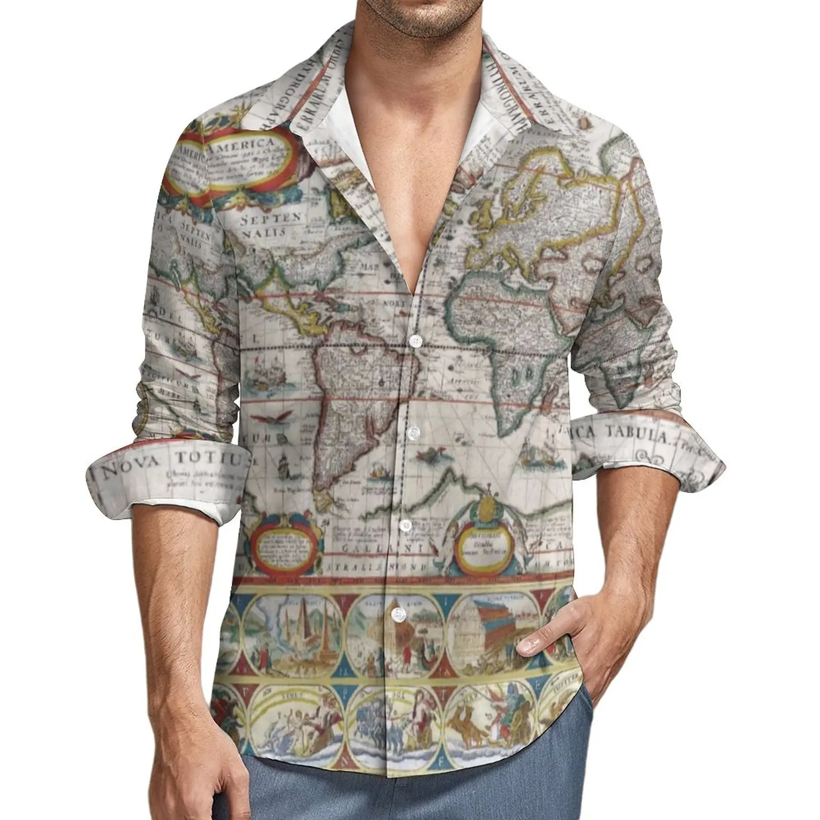 

Earth Map Shirt Spring Antique World Map Casual Shirts Man Fashion Blouses Long Sleeve Design Streetwear Clothing 3XL 4XL