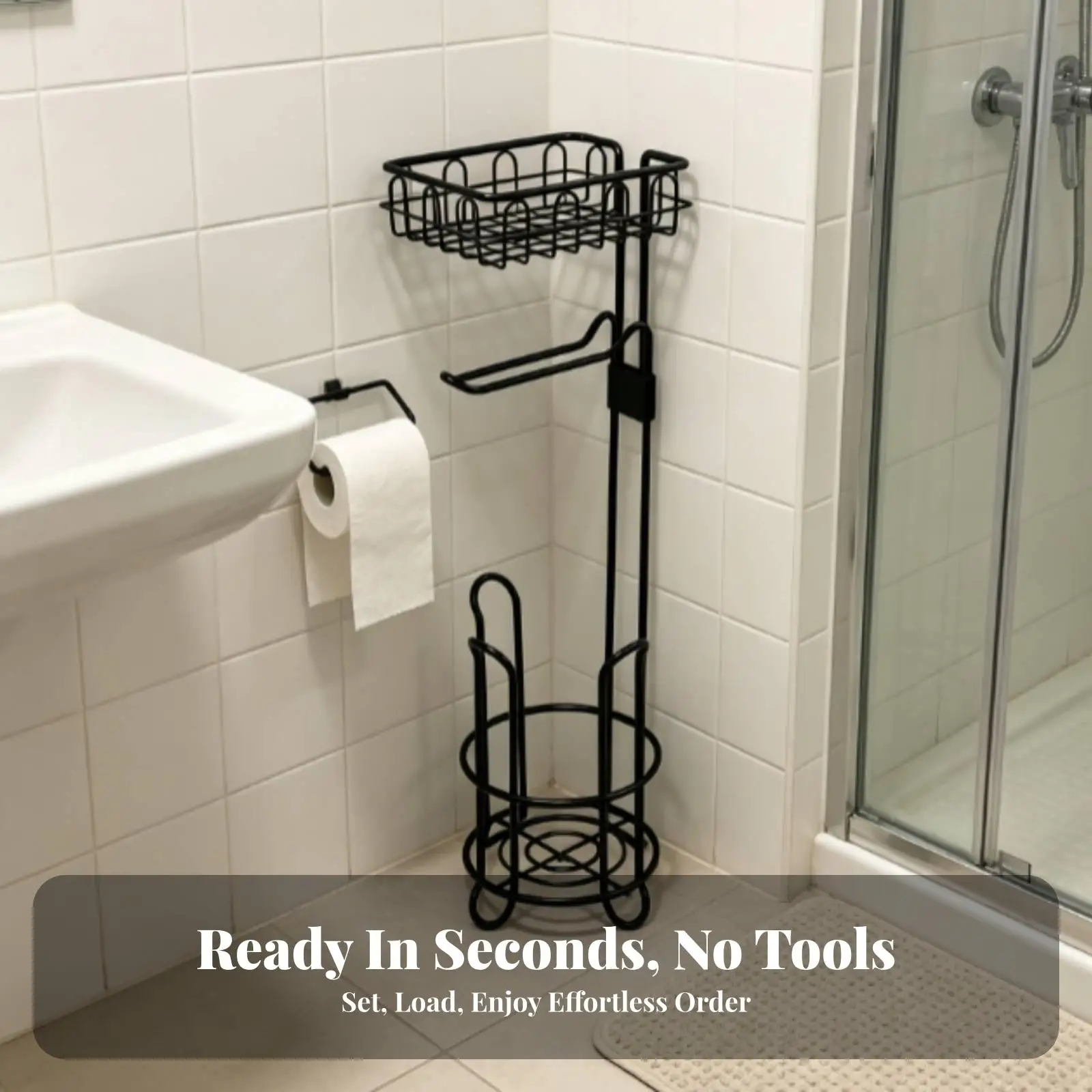 Multi Functional Toilet Roll Holder Floor Stand with Removable Wire Basket Black Storage for Bathroom Essentials