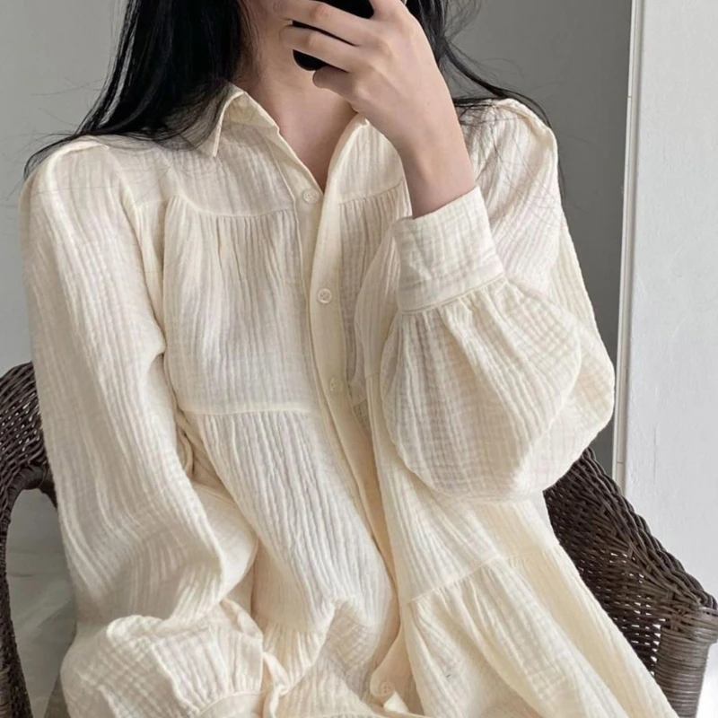 Women Puff Long Sleeve Ruched Textured Swing Babydoll Shirt Dress Lapel Collar Button Up Tiered Ruffle A Line Mini Dress