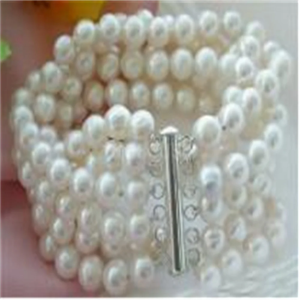 

8" 6row 7-8mm baroque white pearls bracelet bangle magnet clasp Free shipping