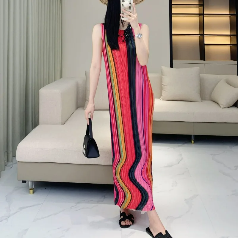 Miyake Pleated Summer Dress Rainbow Striped Sleeveless Tank Dress Water Wave Tight Dresses