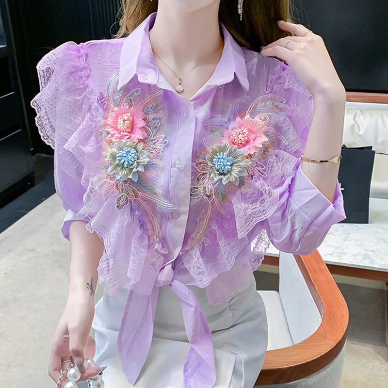 

Summer Heavy Industry Flower Lace Shirt Blouse Women Ruffled Bow Waist Chiffon Shirt Short Top Female Loose Office Casual Shirts