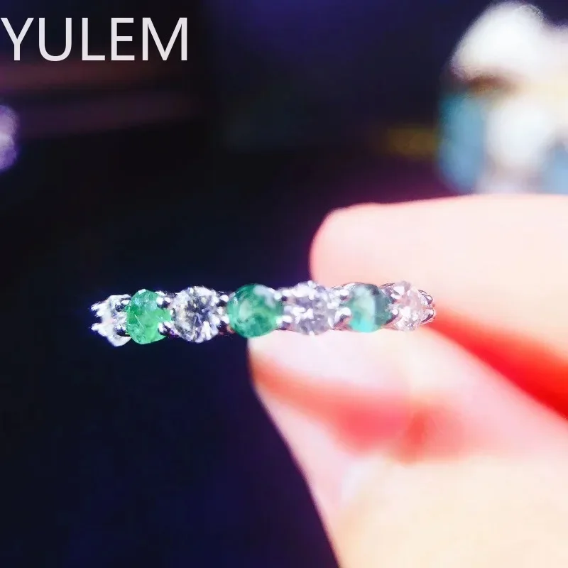 Natural emerald with 3mm Moissanite Band Ring Silver 925 Adjustable Engagement Rings for Women