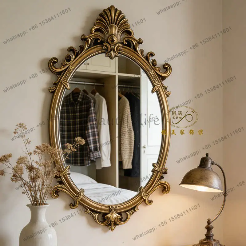 French retro wall hanging carved decorative mirror bathroom makeup porch mirror