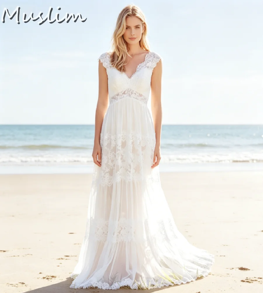 Boho Cap Sleeve Lace Wedding Dress V Neck Tiered Sheer Tulle Bridal Gown Floor Length Beach Destination Flowy Bohemian Country