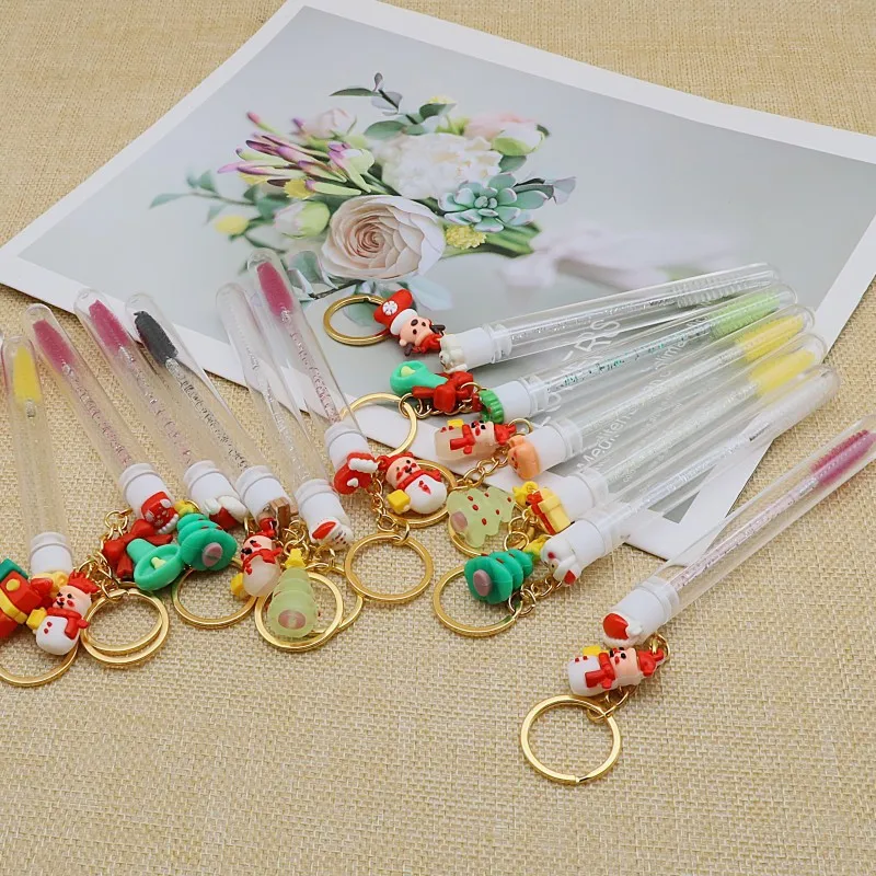 10 pçs bonito rímel varinha chaveiro lash escovas tubos presente de natal carretéis dos desenhos animados limpeza descartável escova de cílios varinhas
