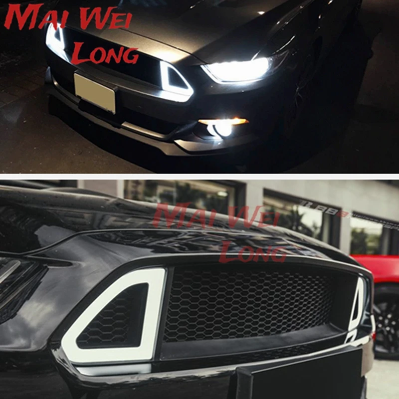 Front Grill Grille For Ford Mustang 2015-2017 RTR Style Bar Black Replacement Car Bumper Vent Hood Mesh Cover W/ White LED Light