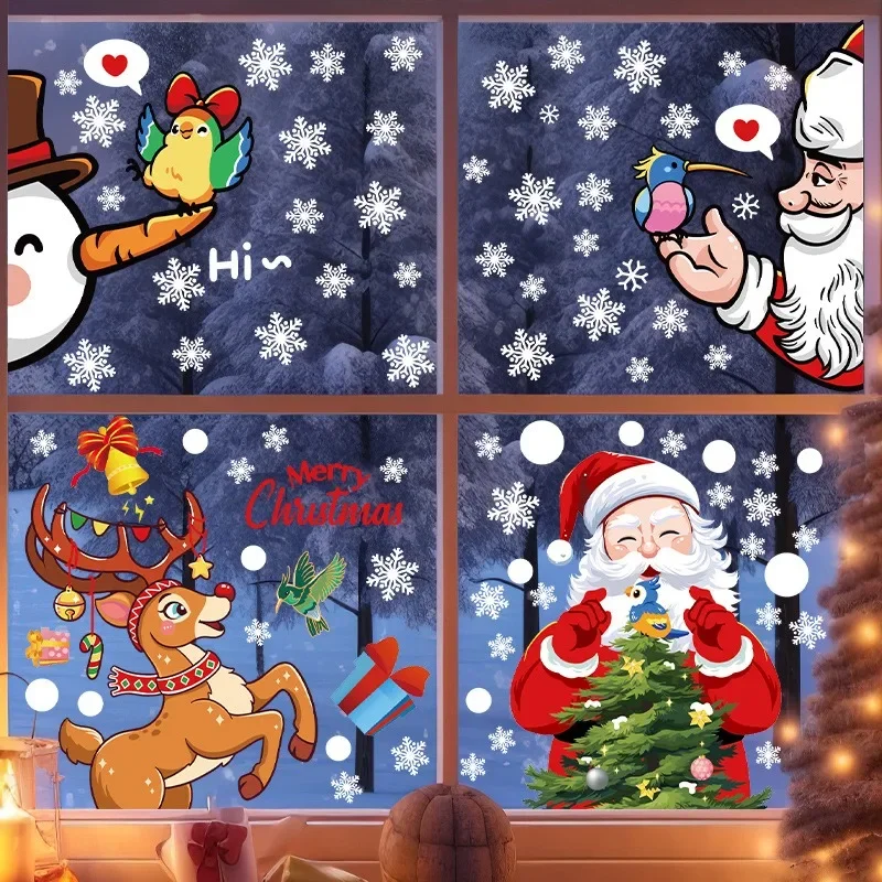 Christmas Santa Claus Window Stickers Xmas Tree Hummingbird Glass Wall Stickers Reindeer Snowman White Snow Door Static Stickers