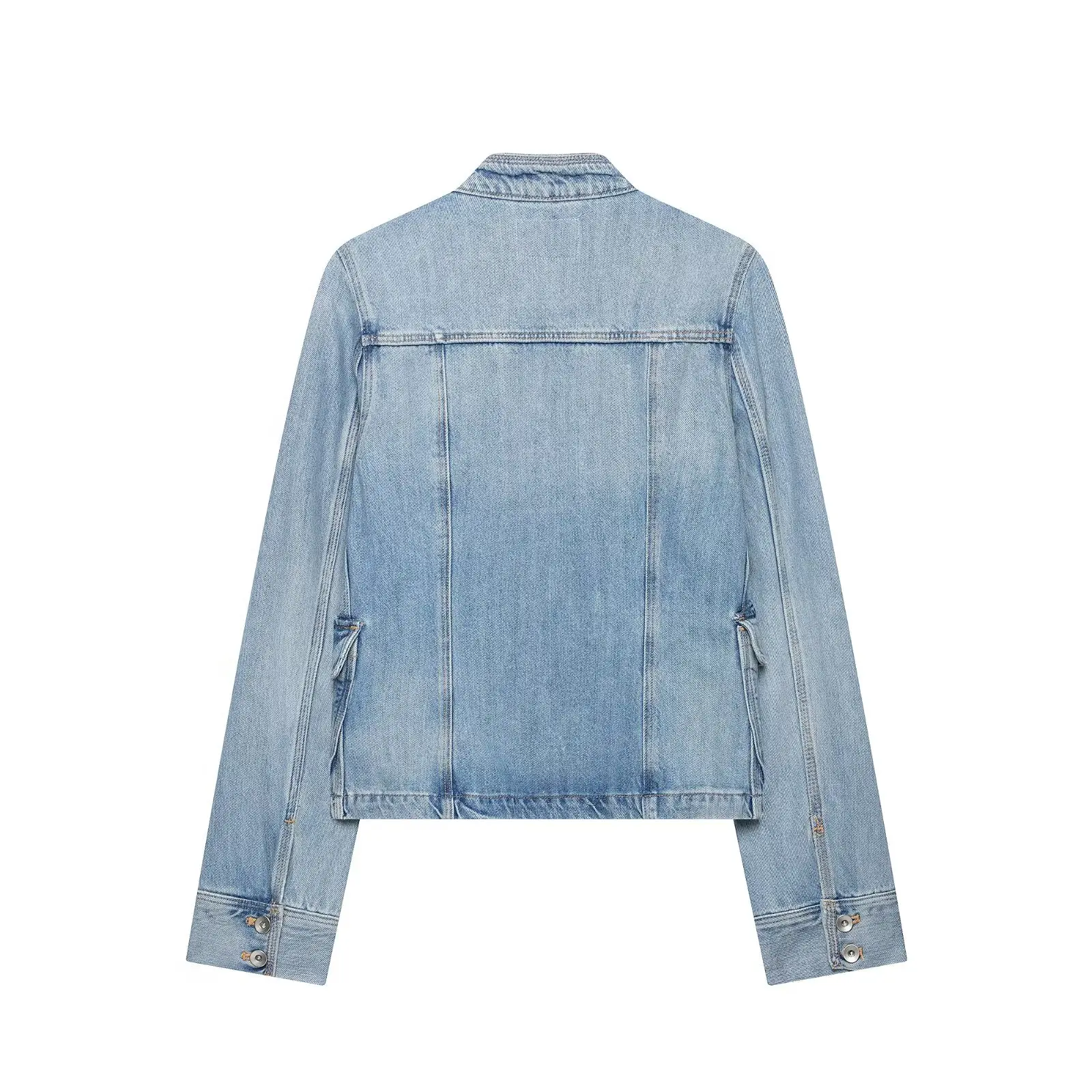 BSAY Women Stand Collar Denim Jacket Multi Flap Pockets Decor Shoulder Epaulet Design Long Sleeve Cropped Casual Denim Outerwear