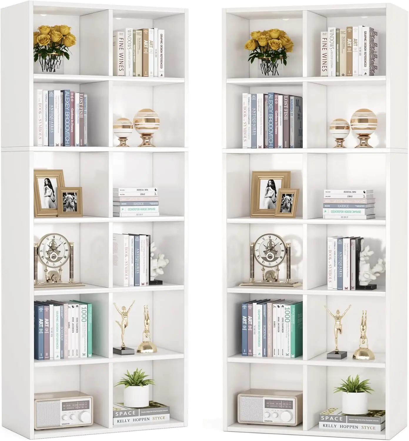 71.65 Inch Tall Cubby Bookshelf Set of 2, White Modern Bookcase with 12 Cube Storage for Home Office, Vertical or Horizontal