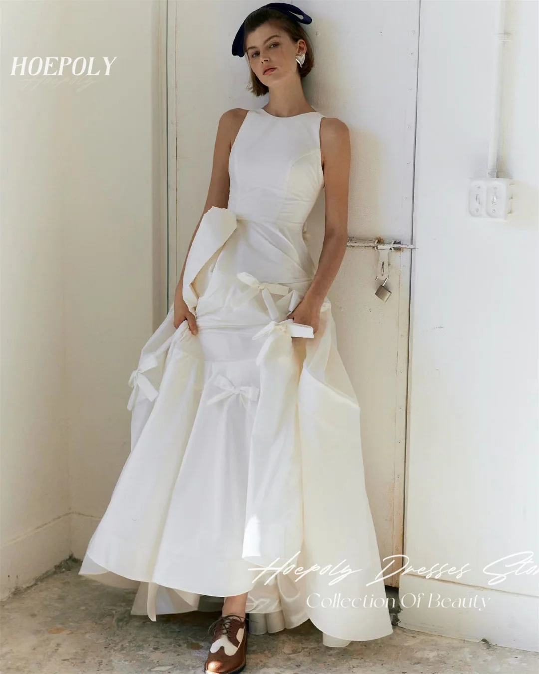 Hoepoly O-Neck Vintage Bride Wedding Party Dress Korea 드레스  Photography Satin Sweep Train Zipped Wedding Dresses for Women