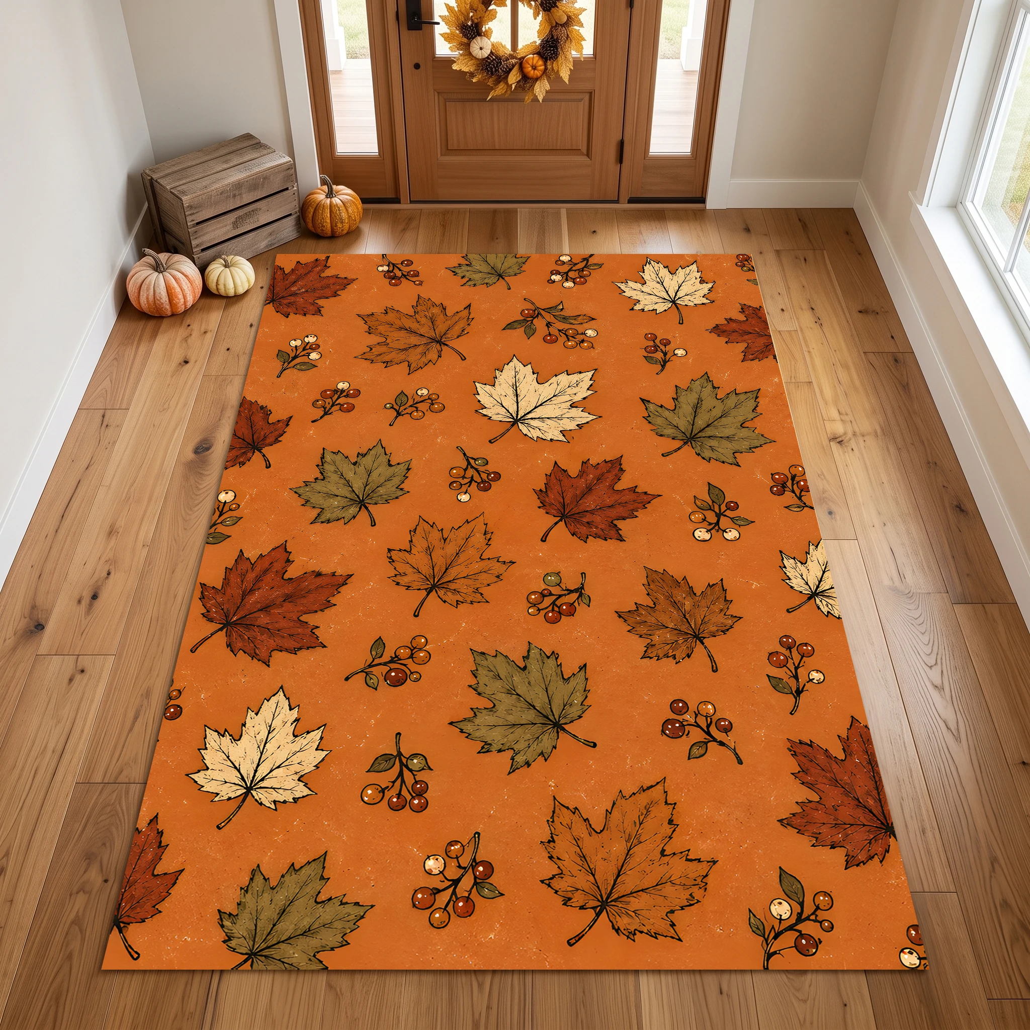 Velvet Rug Warm Orange Maple Leaf Berry Print Retro Style for Living Room Bedroom Entryway Home Decor