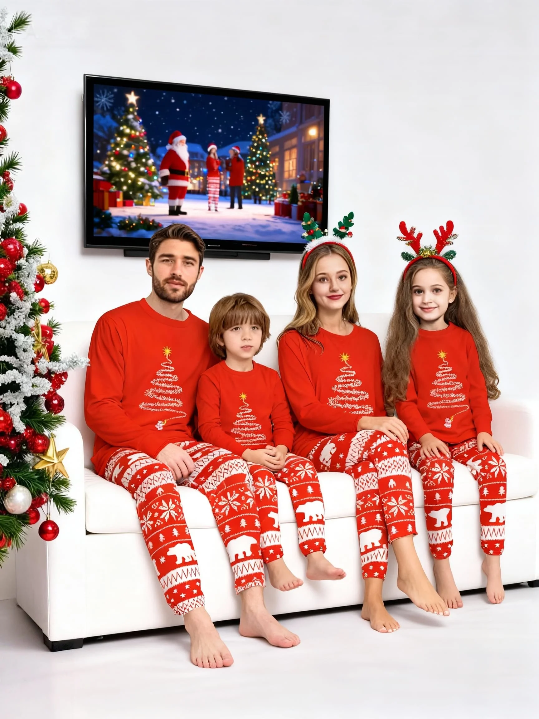 [Men/Women] Couple Style Christmas Pajamas and Loungewear New Year Gift Christmas Tree Pattern Print Long-Sleeve Long-Pants Pajama Set for Men or Women Children's Pajamas Parent-Child Set Holiday Loungewear Set