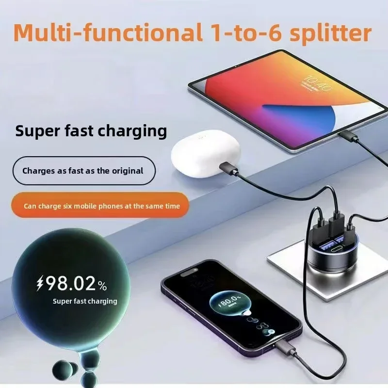 

Автомобильное зарядное устройство с 6 портами и индикатором напряжения, сверхбыстрая зарядка через USB, подключаемое к прикуривателю, для iPhone, Android, Samsung