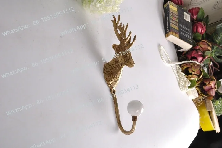 European Brass Deer Head Plus Round Ball Ceramic Clothes Hook, Decorative Hook, Wall Clothes Key Pendant.