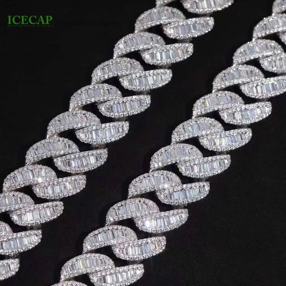 Luxury 2024 Fine Jewelry Hiphop Men 925 Sterling Silver Vvs Moissanite Necklace Baguette Diamonds 20mm Iced Out Cuban Link Chain