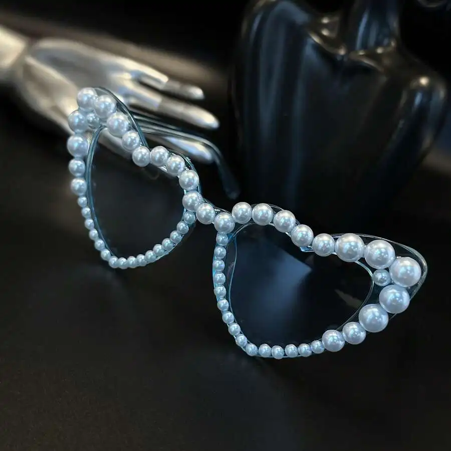 Icy Blue Heart Shaped Pearl Trim Fashion Sunglasses For Women Party Accessory view 3