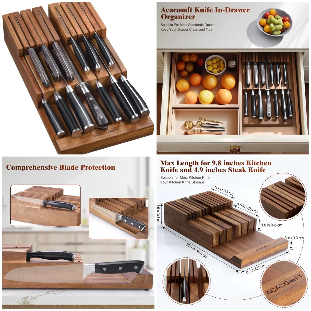 

Acacia Wood Knife Drawer Organizer, Holds Up to 12 Knives, No Knives Included