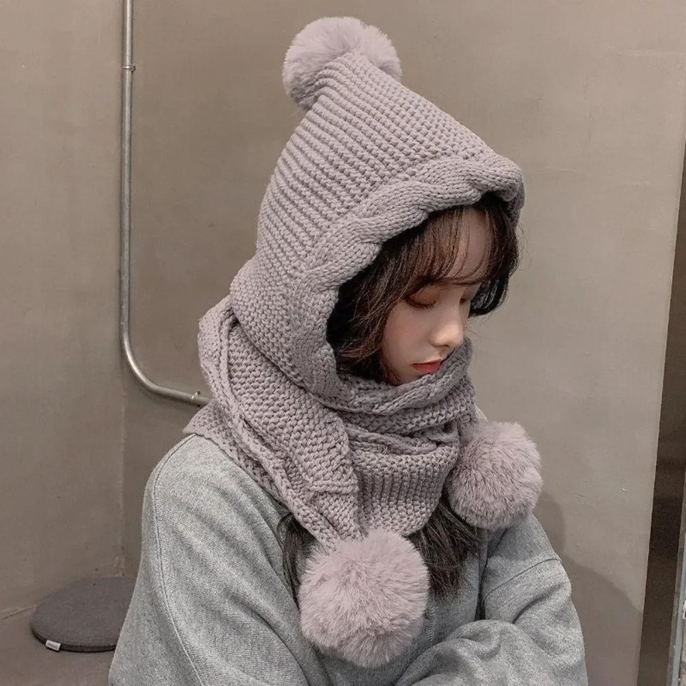

Cute Twist Knitted Hat Scarf Set Ear Protection Windproof Women Hooded Scarf Soft Korean Style Cycling Balaclavas Hat Winter