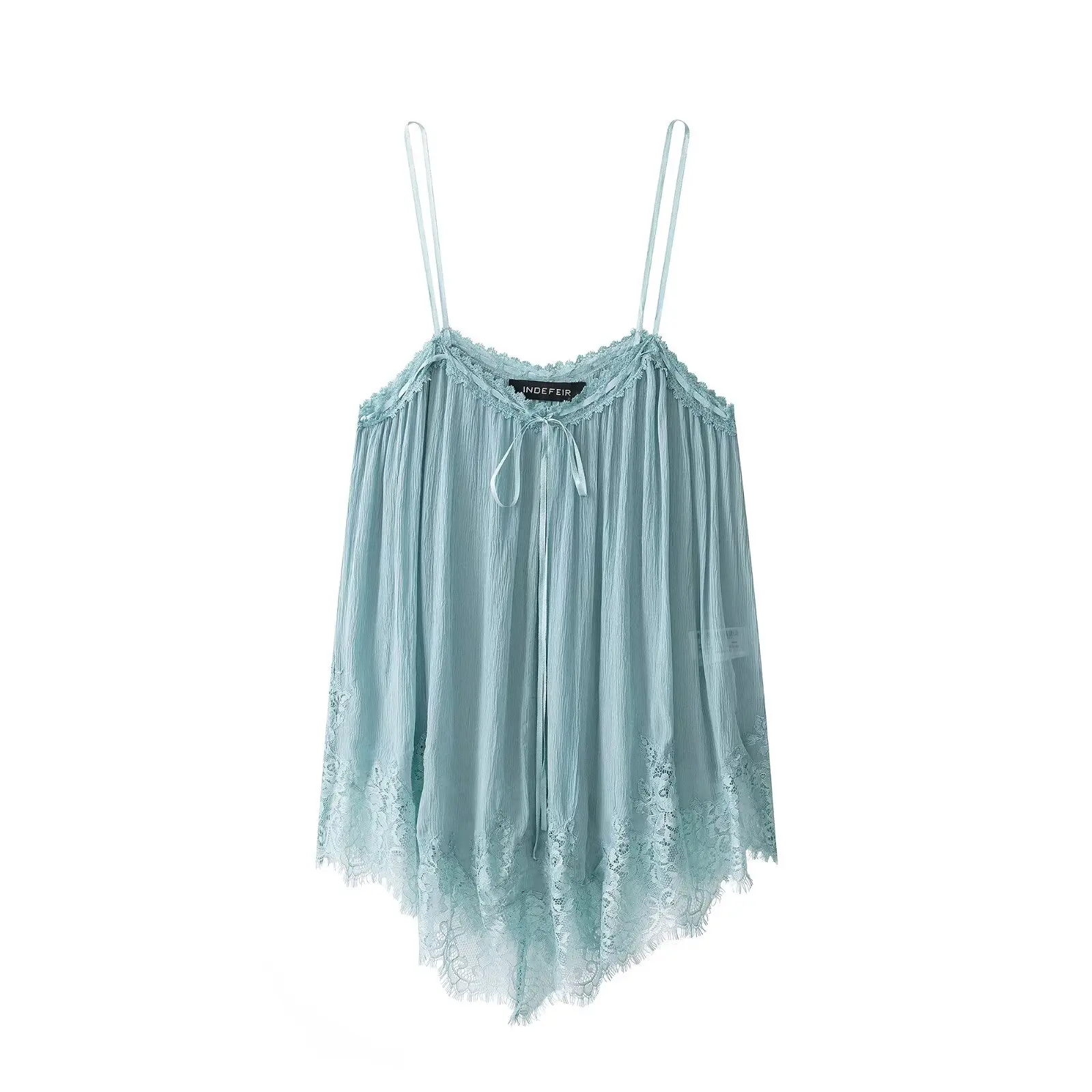 Willshela Women Fashion Blue Bow Lace Hem Pleated Camis Tops Vintage Thin Straps V-Neck Female Chic Lady Tops