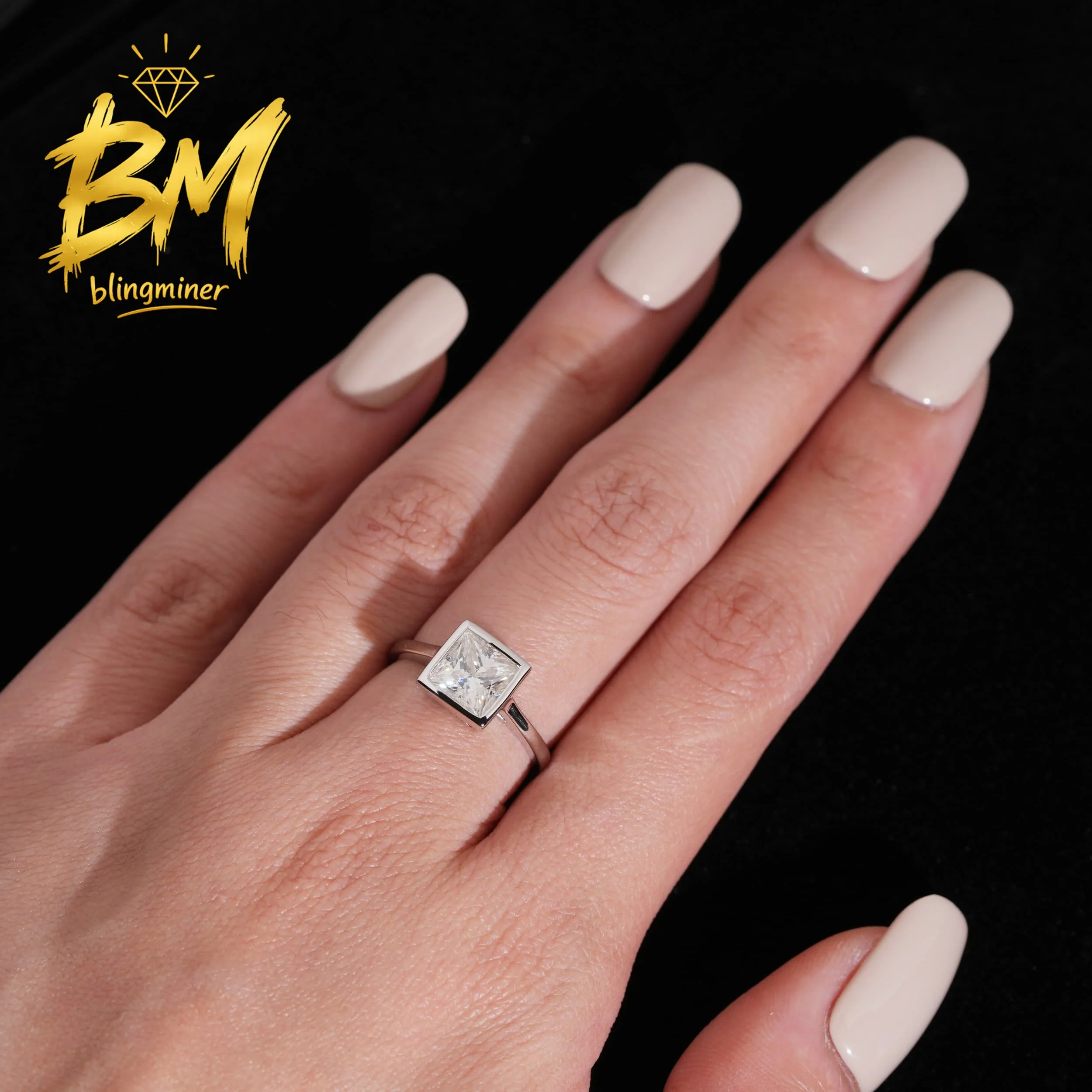 Blingminer 2CT Princess Cut S925 Silver VVS Moissanite Rings Engagement Wedding Women Finger Jewelry Pass Diamonds Free Shipping