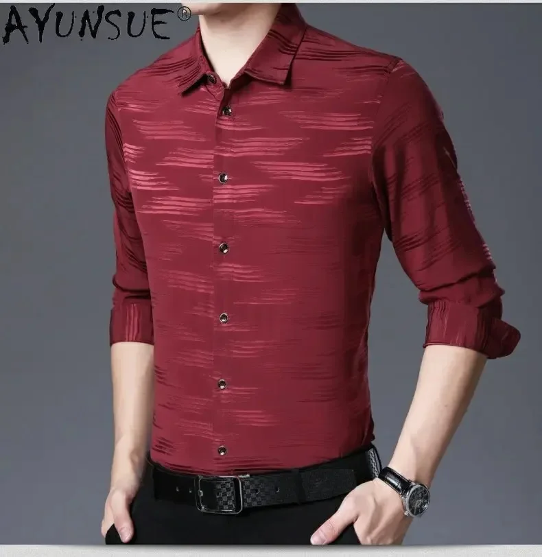 AYUNSUE Silk Shirt Men's Long Sleeve Mulberry Business Loose Shirts for Men Spring Autumn Clothing Camisas De Hombre