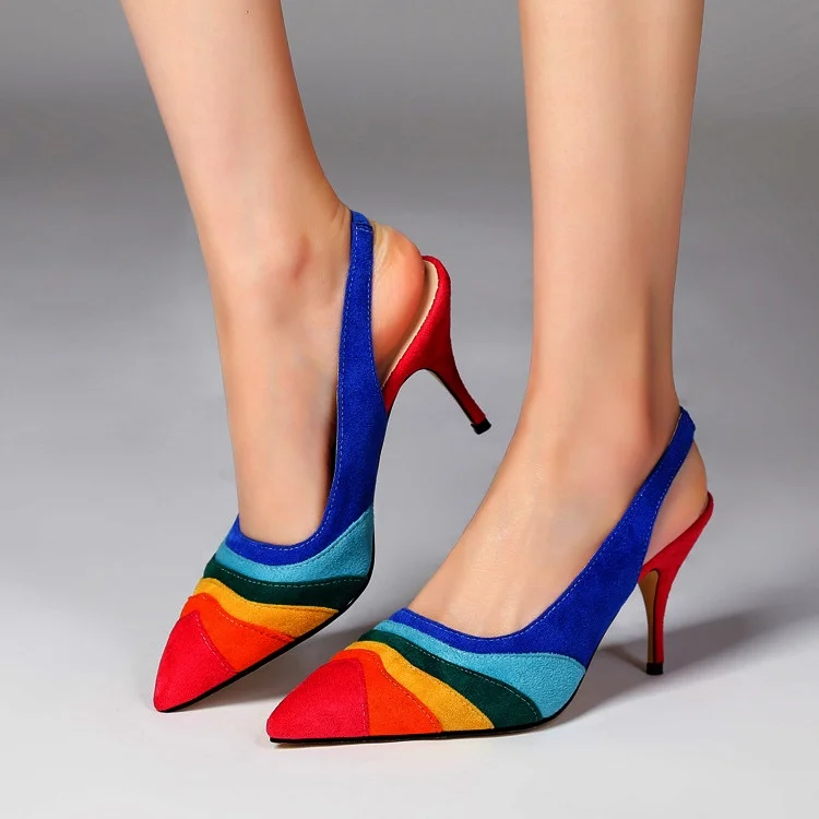 Rainbow Pointed Toe Sandals Back Straps Stiletto Heels Colorful Lines Fashion Women Summer Casual Dress Party Daily Pump Shallow