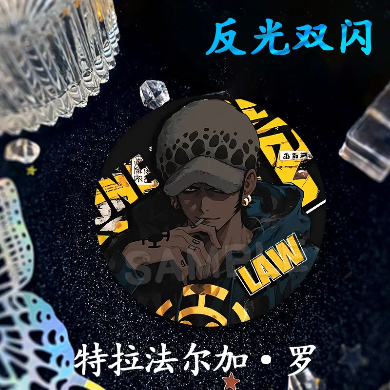 قطعة واحدة شارة أنيمي القرد D لوفي رورونوا زورو عاكسة ملونة ليزر فلاش مزدوج سانجي ترافالغار D قانون المياه شعار معدني