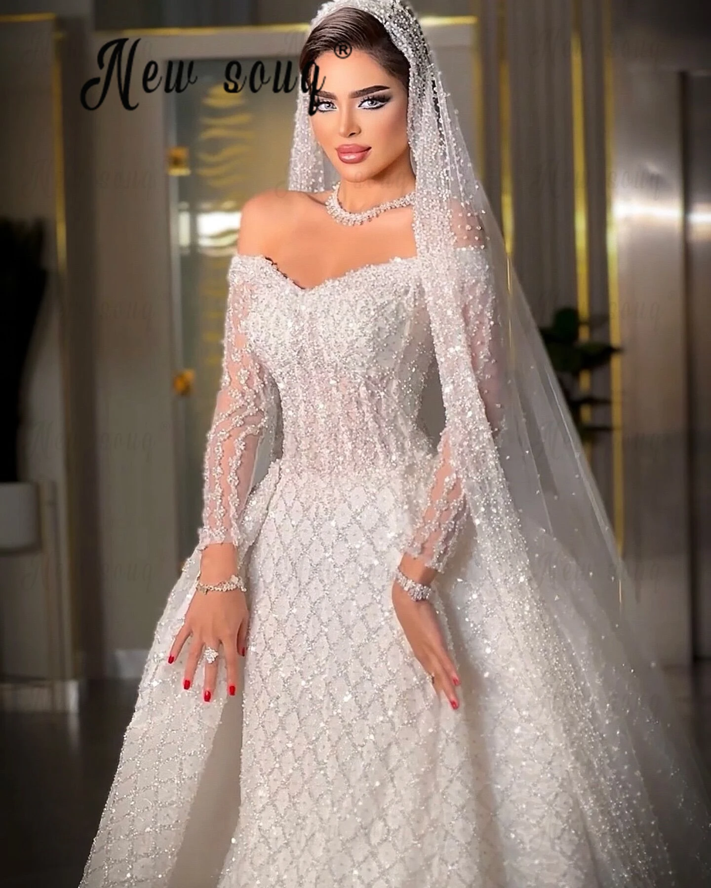 Dubai White Off Shoulder Long Sleeve Wedding Dress Luxury Women Bridal Gowns Detachable Train Vestidos Novias Boda Custom Made