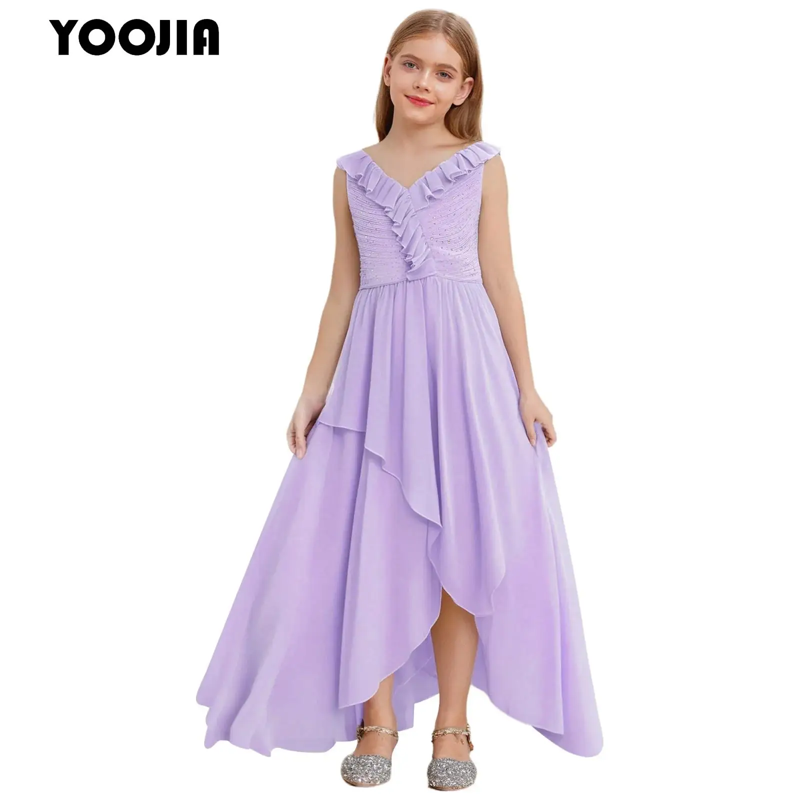 

Girls Party Chiffon Dress Elegant Ruffled V-neck Sleeveless Formal Wedding Long Dress Rhinestone Princess Prom Ball Maxi Gown