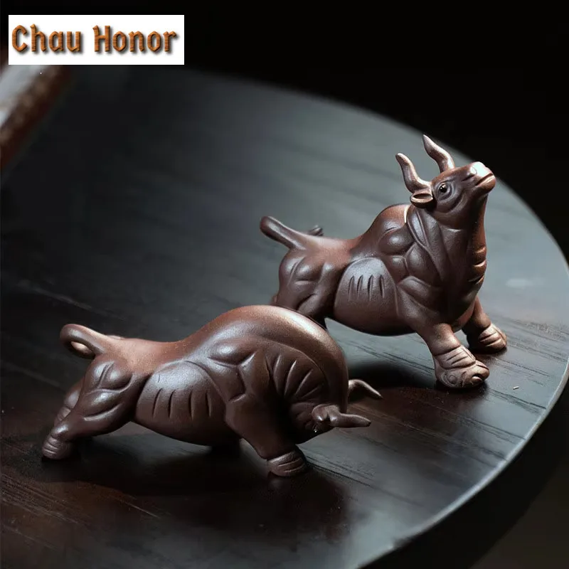 Chinese Yixing Purple Clay Tea Pet Zodiac Lucky Cattle Figurine Desktop Ornaments Handmade Sculpture Home Tea Set Decoration