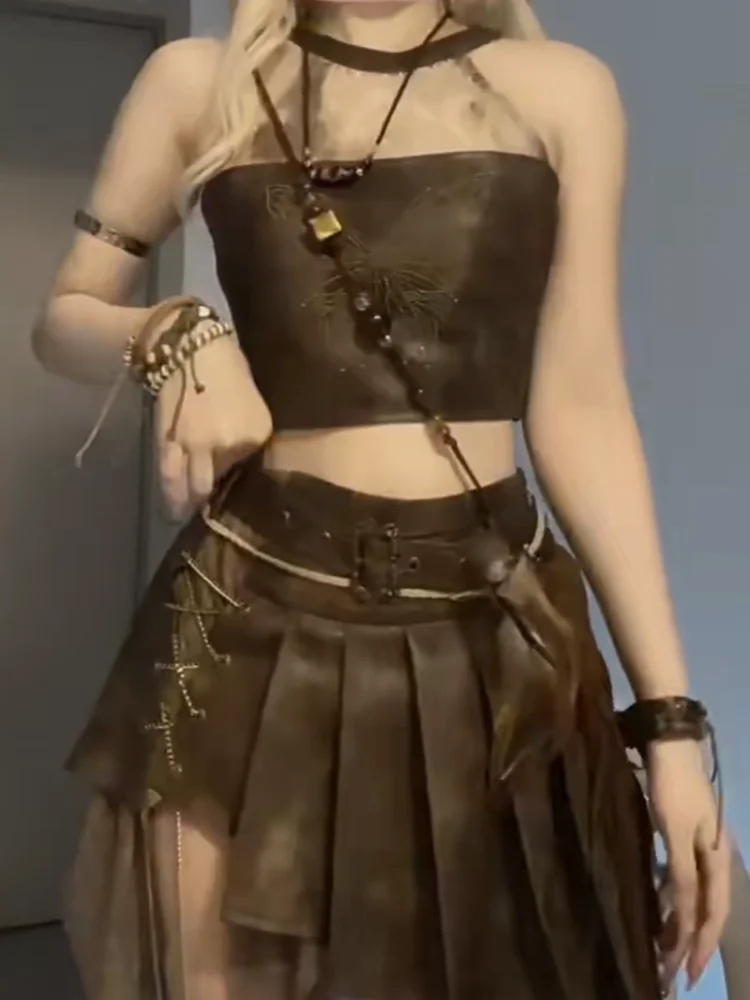 

Модный тренд, милый винтажный тяжелый жилет без бретелек, топ, майки и майки Y2k, летние субкультурные юбки нестандартной формы, комплекты из 2 предметов, кожаные