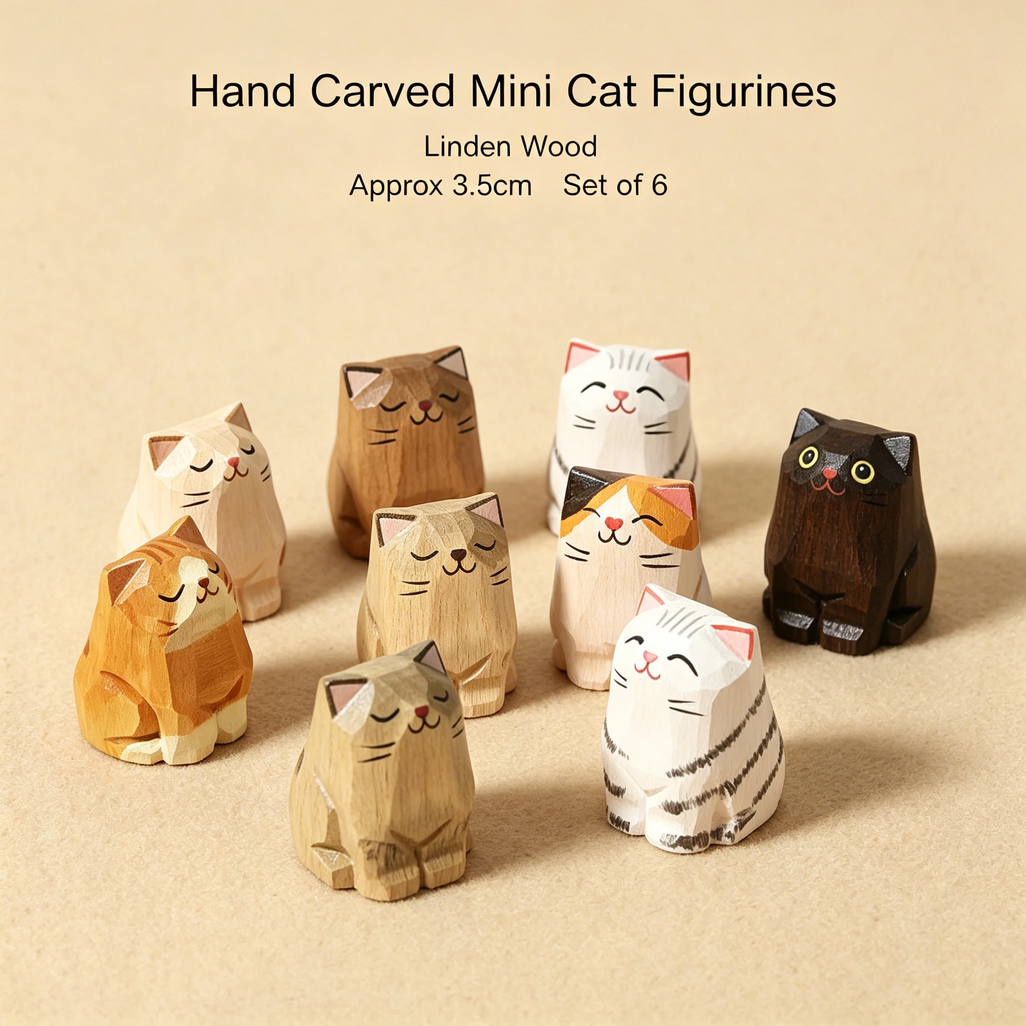 Handmade Hand Carved Linden Wood Cat Figurine, Tiny Sentimental Keepsake Gift for Her, Mini Hand Painted Wooden Kitten Desk Deco