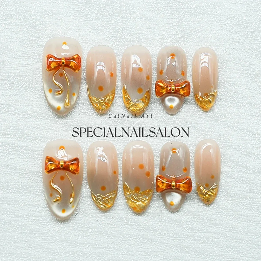 10Pcs Shiny Cat Eyes Handmade Hot Sell Press On Nails Kawaii Gradients Pearl Bowknot Awake Lion Wearable Full Cover Acrylic Nail