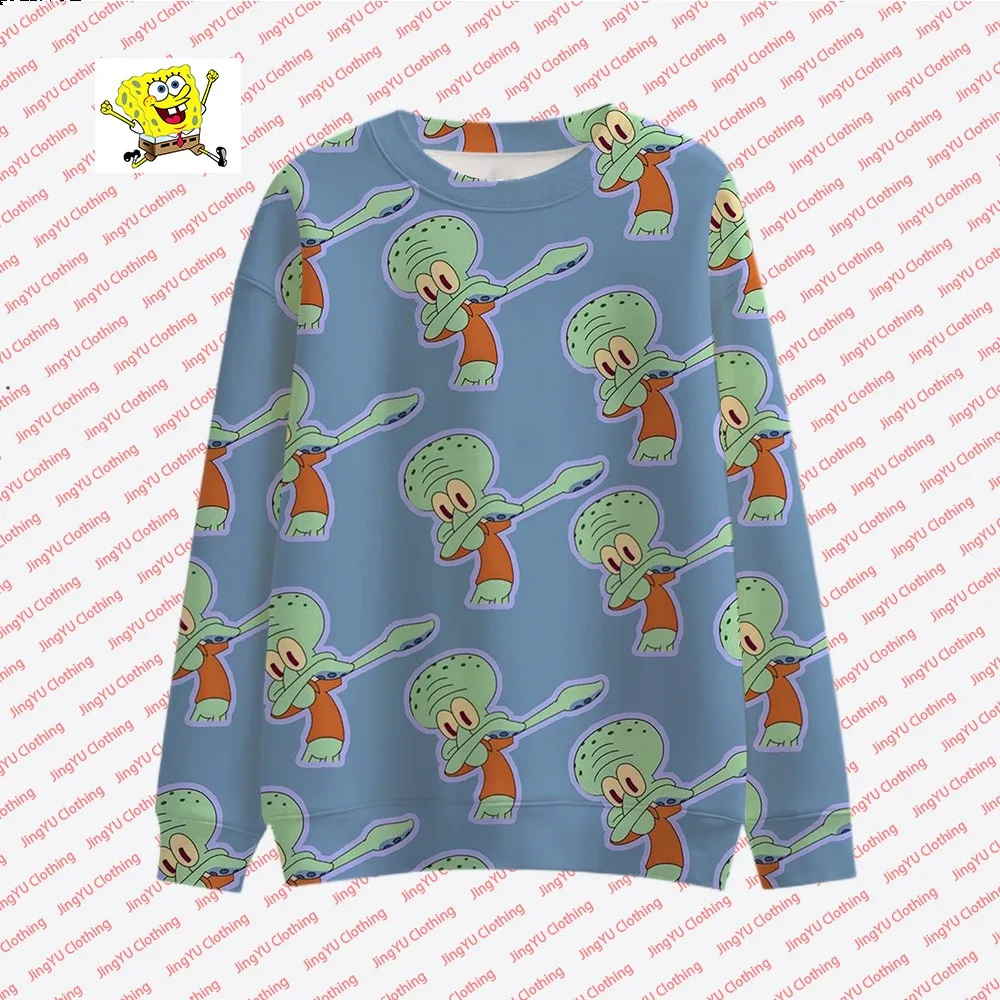 2023 Autumn New Harajuku Street Fashion Casual Tops Round Neck Pullover Children\'s Cute Spongebob Animation Printed Pullover