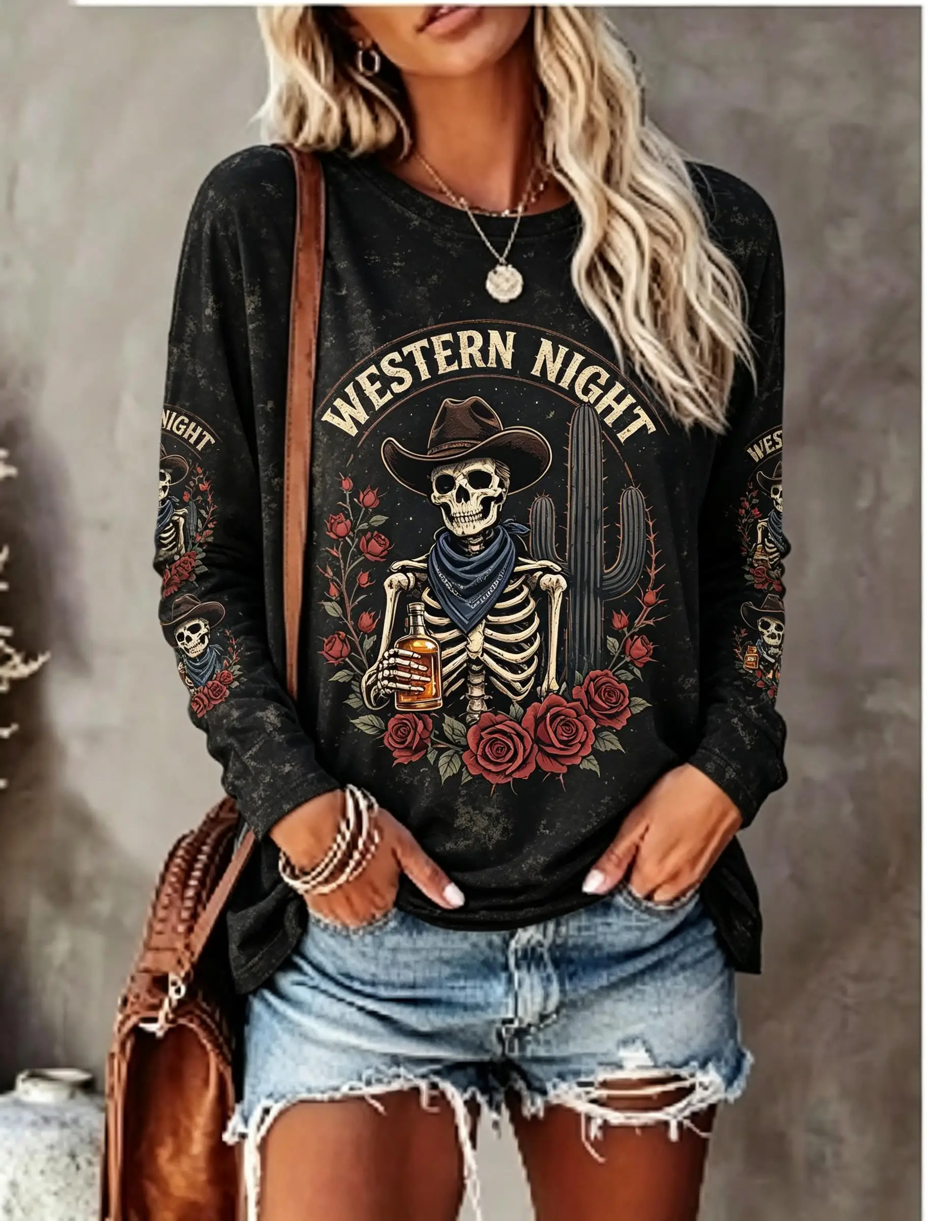 Women's Long Sleeve T-shirt Western Night Cowboy Skeleton Rose Cactus Print Crew Neck Casual Top