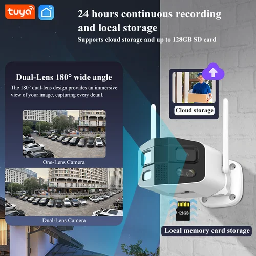 Imagen 2 del producto Tuya Smart 8MP Lente dual Grande ancho 180 ° Cámara WiFi exterior de seguridad con sirena de visión nocturna en color Cámara IP impermeable de conversación bidireccional