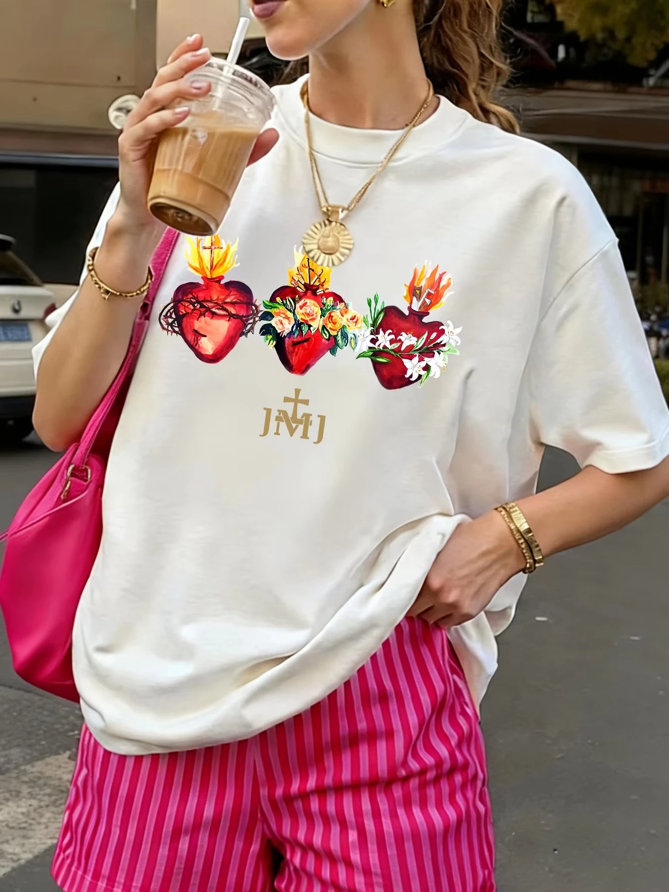 Unisex Sacred Heart Art Graphic T‑Shirt Vintage Floral Heart Print Short Sleeve Tee Streetwear Men Women Faith Lover Gift