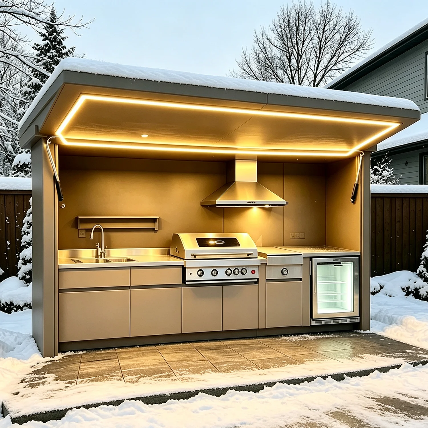 Sturdy All-Weather Outdoor Kitchen with Cooking Gear, Aluminum Cabinet & Motorized Door, Resist Wind,Rain & Snow for Outdoor Use